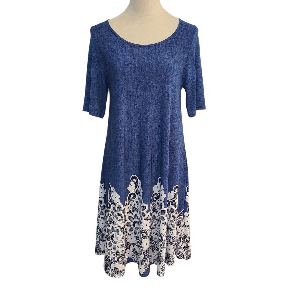 SJS Denim Blue Trapeze Dress L Lace Hem Border Feminne Coastal Cottagecore